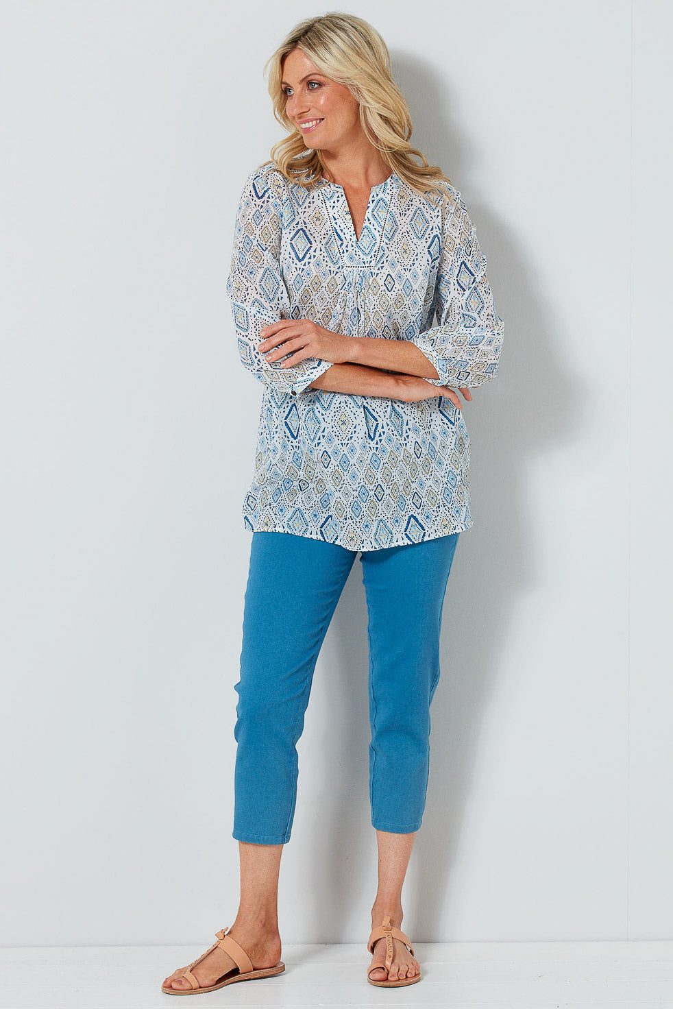 ALEAH 3/4 SLV TUCK FRONT TUNIC